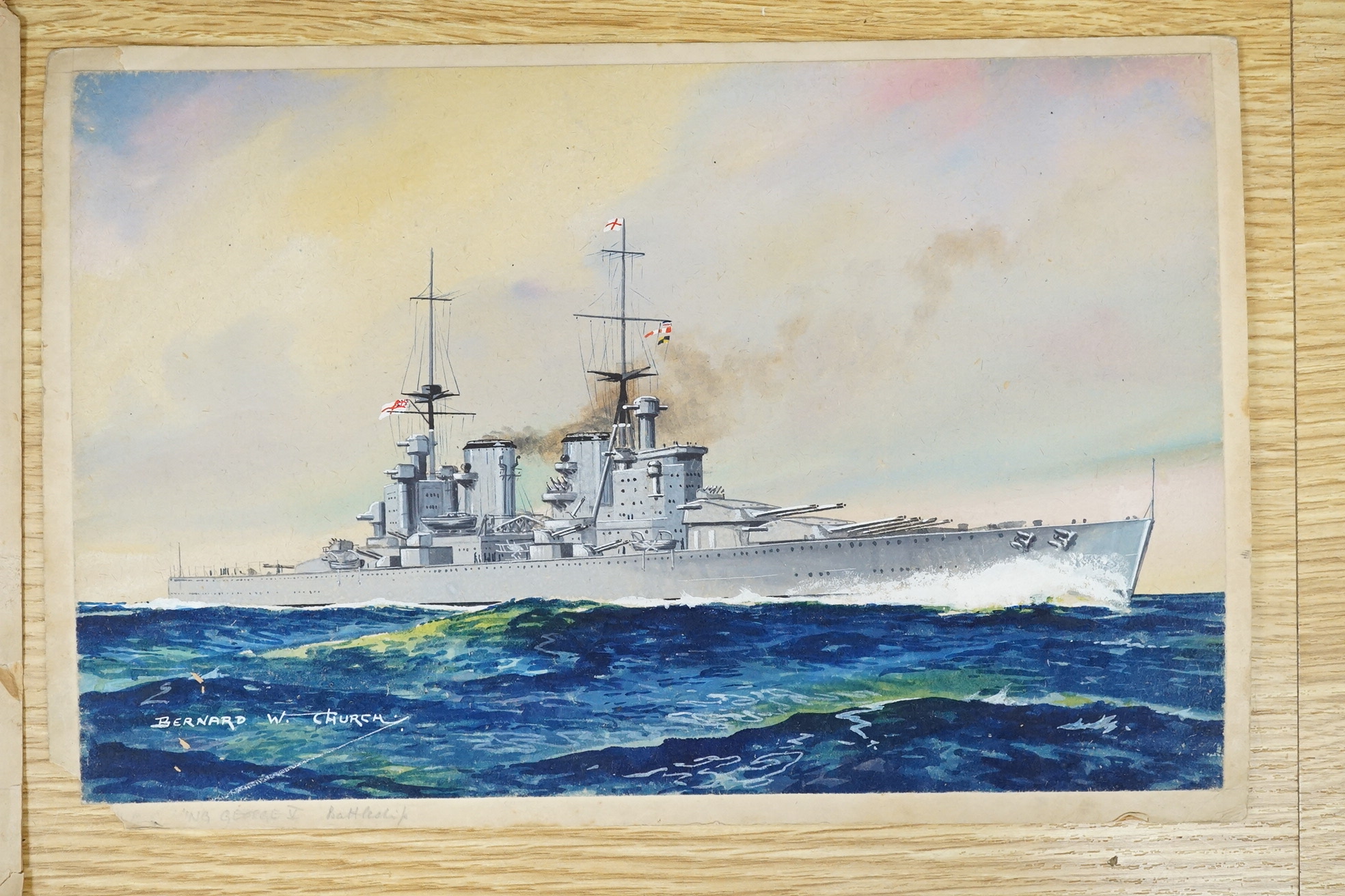 Bernard Church, two original watercolours for postcard designs, WWII Royal Navy battleships comprising: HMS King George V and HMS Warspite, each with original captions verso, signed, largest 24 x 32cm, unframed. Conditio